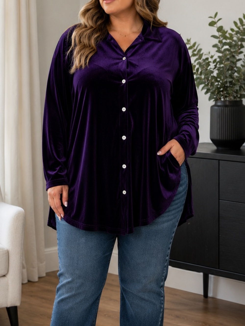 Velvet Button-Up Tunic Top in Deep Purple
